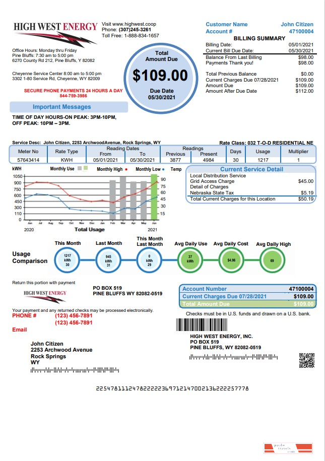 USA Wyoming High West Energy utility bill in Word and PDF format, version 2